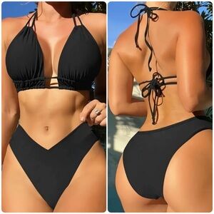 Black Halter High Cut Bikini Set